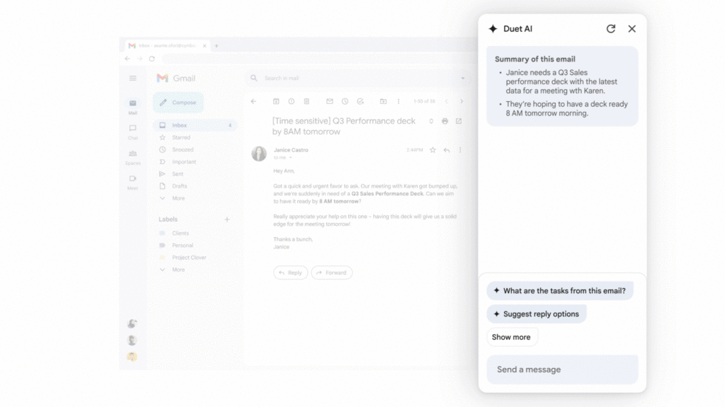 Workspace propulsé par Google Duet : IA au service des pros